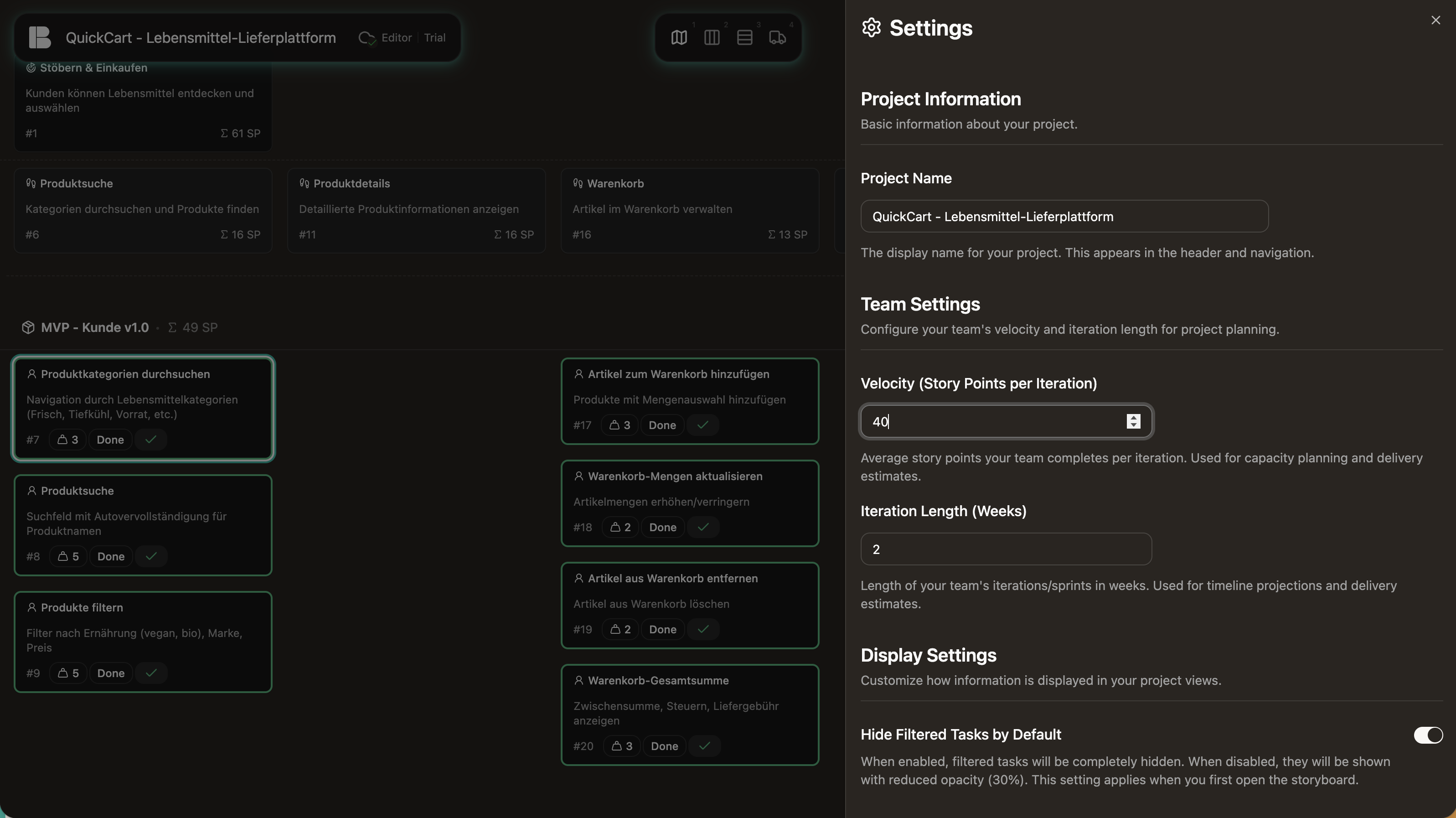 Projekteinstellungen in Betterplan