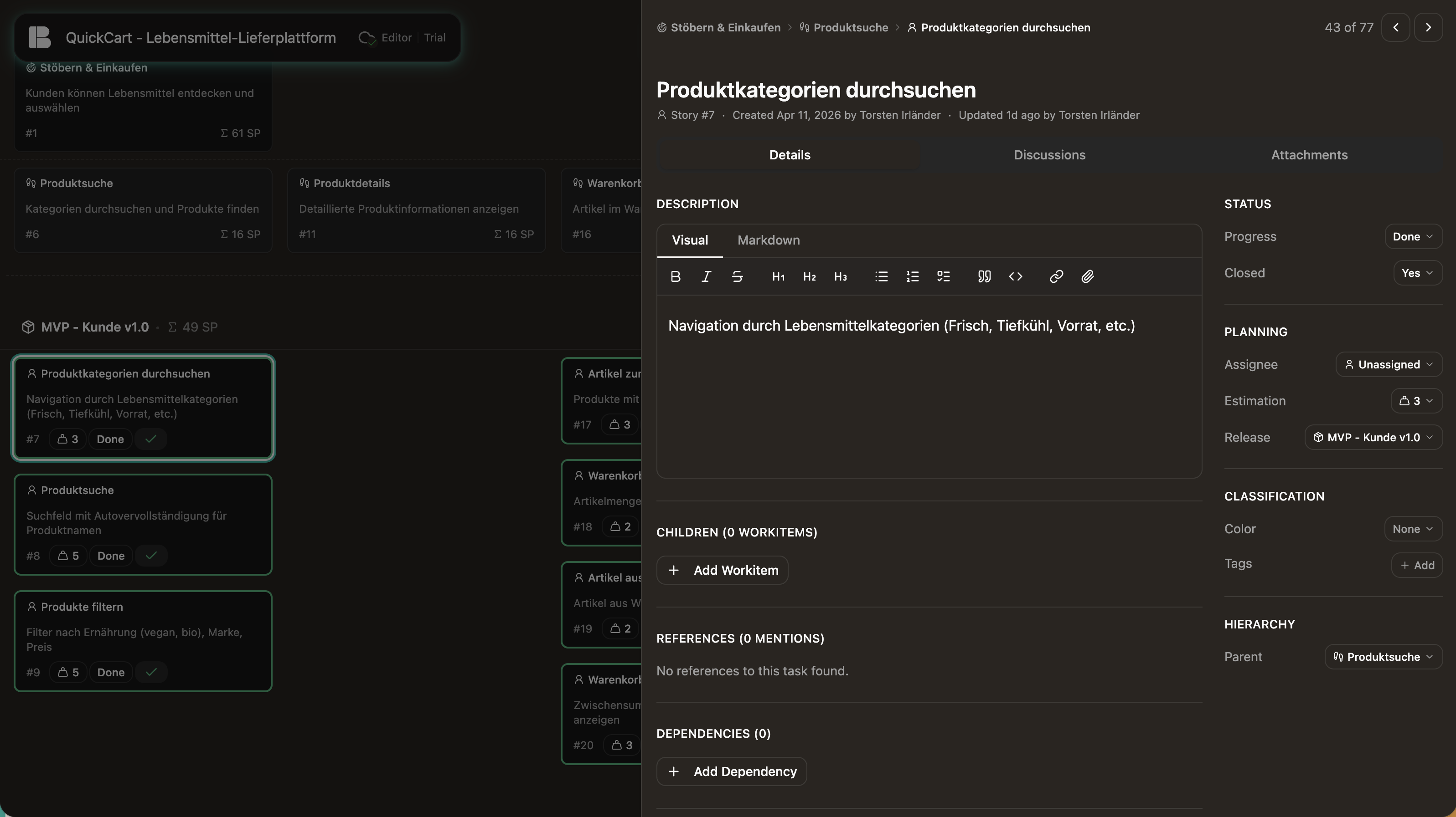 Das Story Detail-Panel in Betterplan